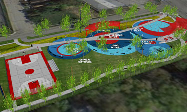  Design renderings for Wellston, Missouri’s Trojan Park, site of the next Park Build Community project, include playgrounds for multiple age groups, a group pavilion, splash pad and basketball court.